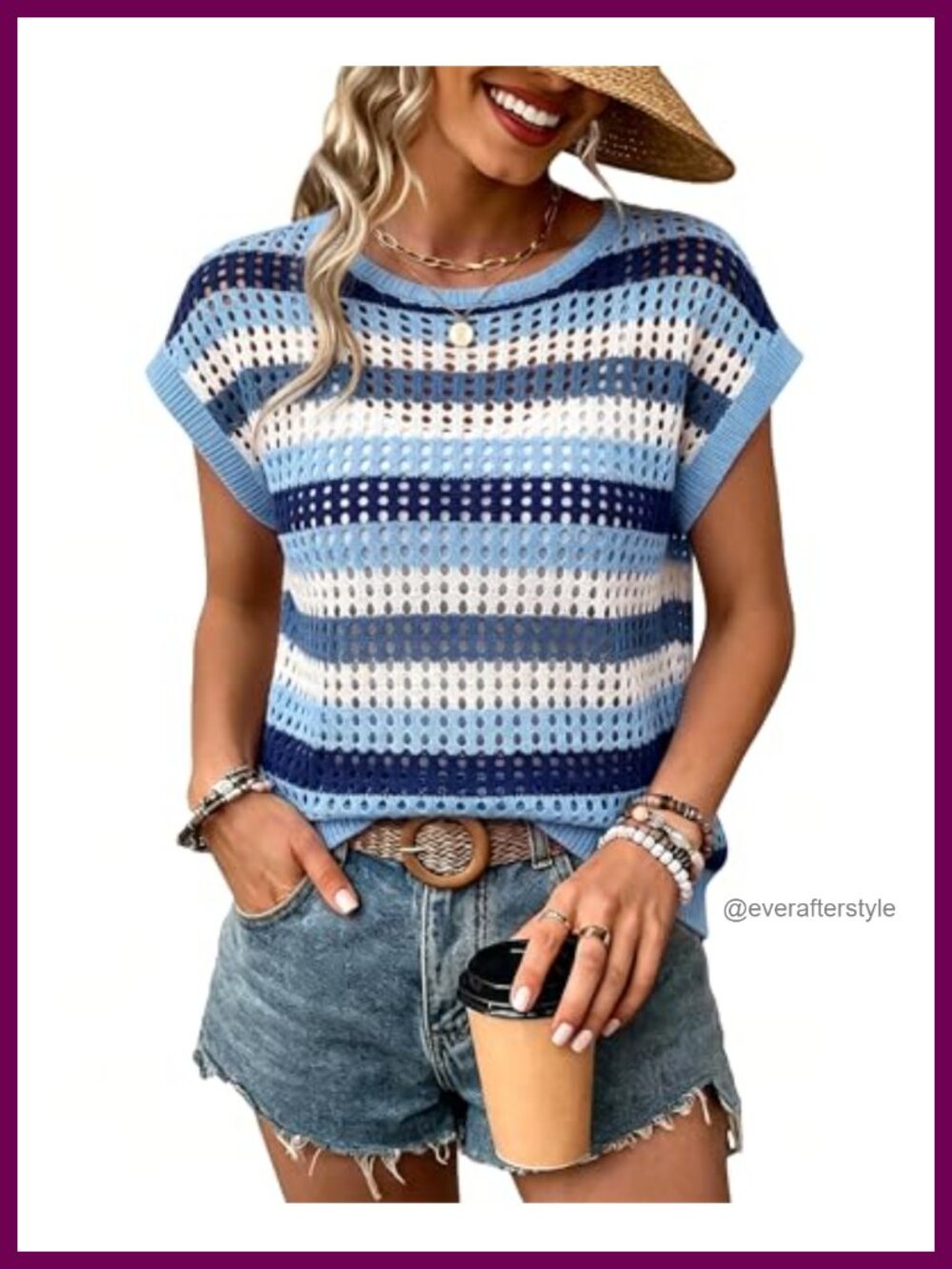Womens Crochet Sweater Top Cap Sleeve Striped Cover Up